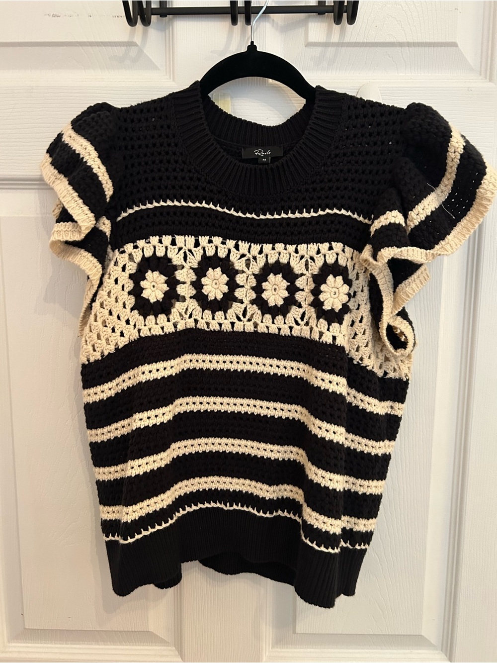 Rails Black & Cream Crochet Stripe Ruffle-Sleeve Sweater
